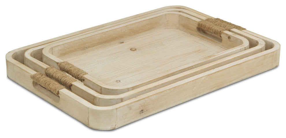 Natural Wood Trays, White Washed, Rope Covered Handles, 3-Piece Set