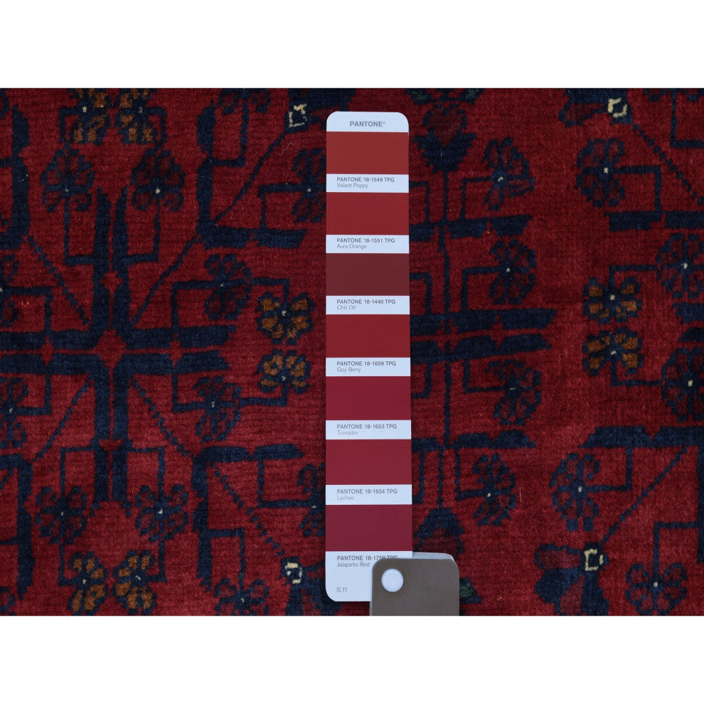 Red Hand Knotted Soft Shiny Wool Afghan Khamyab Geometric Design Rug, 10'x12'10"
