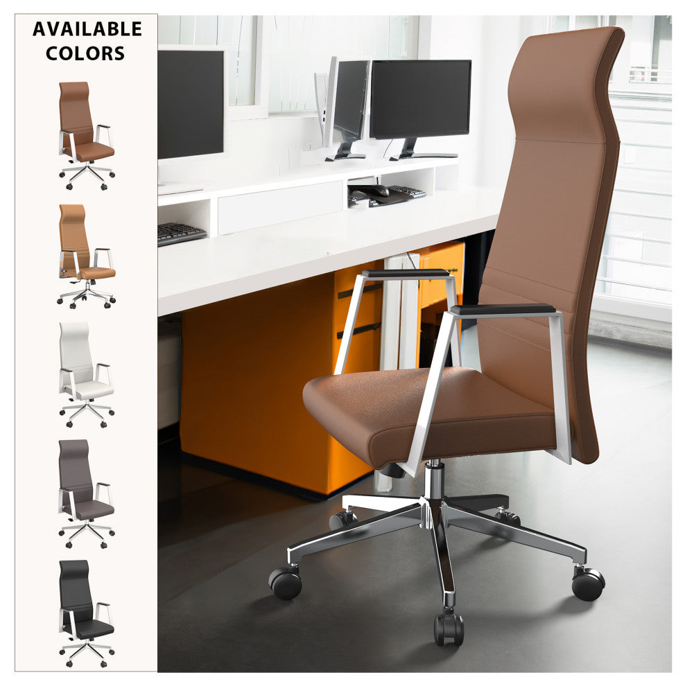 LeisureMod Aleen High-Back Leather Office Chair With Swivel and Tilt, Dark Brown