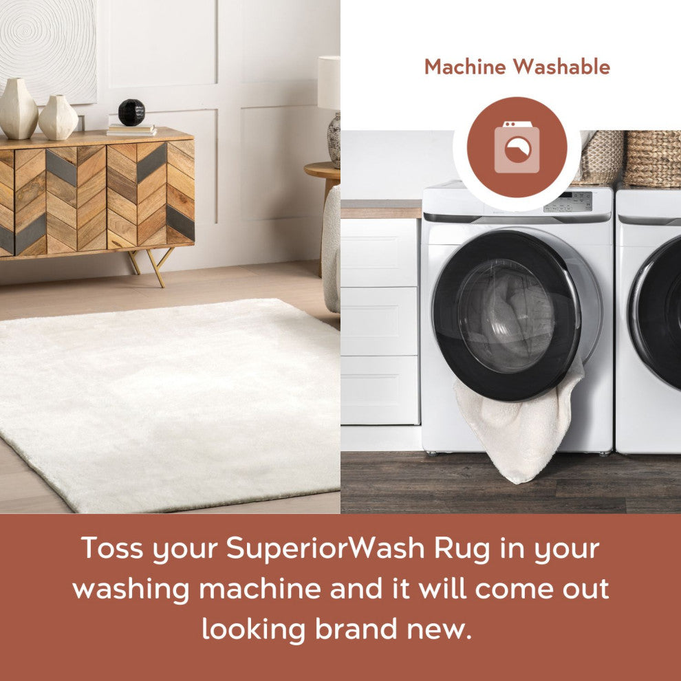 nuLOOM Loni Solid Machine Washable Shag Area Rug, White, 6'round