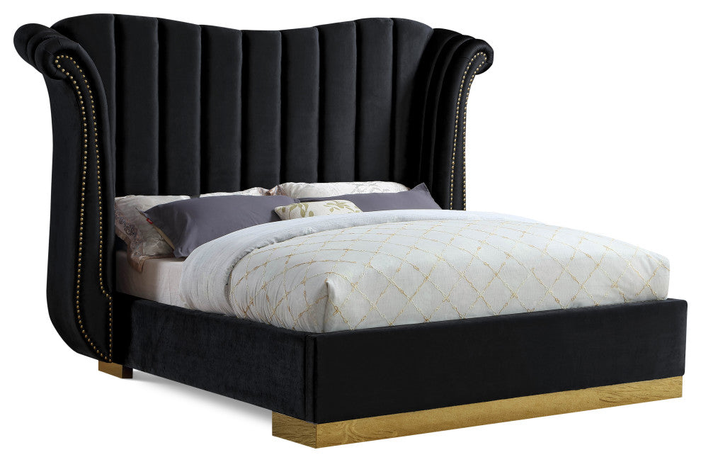 Flora Black Velvet Bed, Black, King
