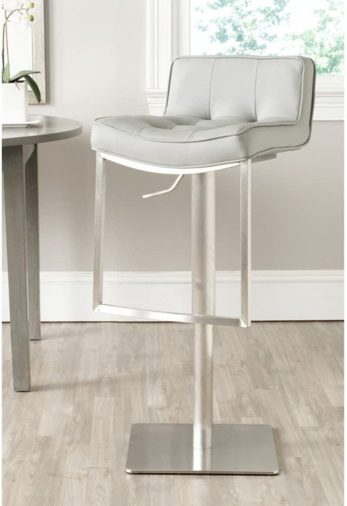 Elegant Bar Stool, Stainless Steel Frame and Curved Tufted PU Leather Seat, Grey