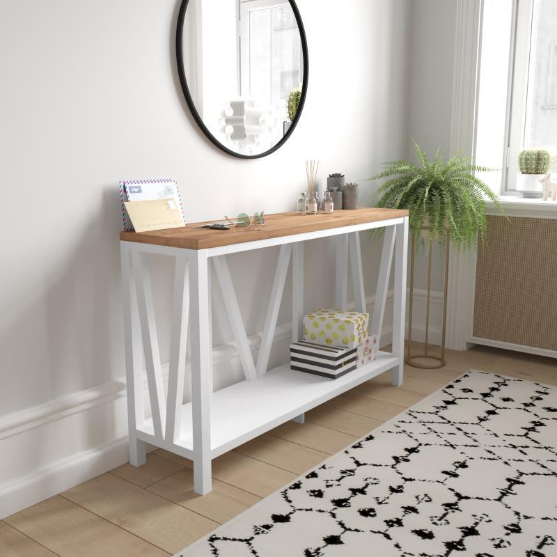 Charlotte Modern 2-Tier Farmhouse Console Accent Table, Brushed White Wash/Warm Oak