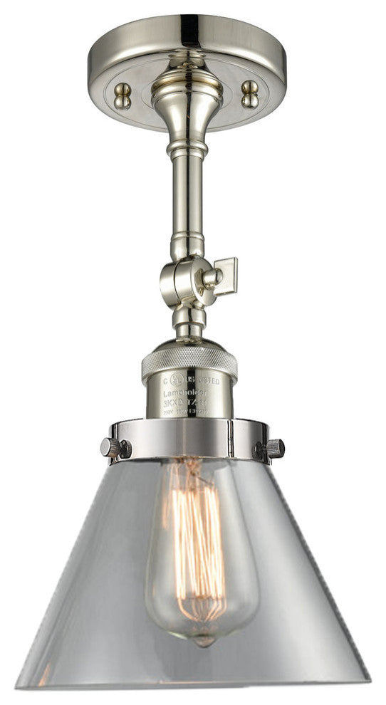 Large Cone 8" Semi-Flush Mount, Polished Nickel, Glass: Clear