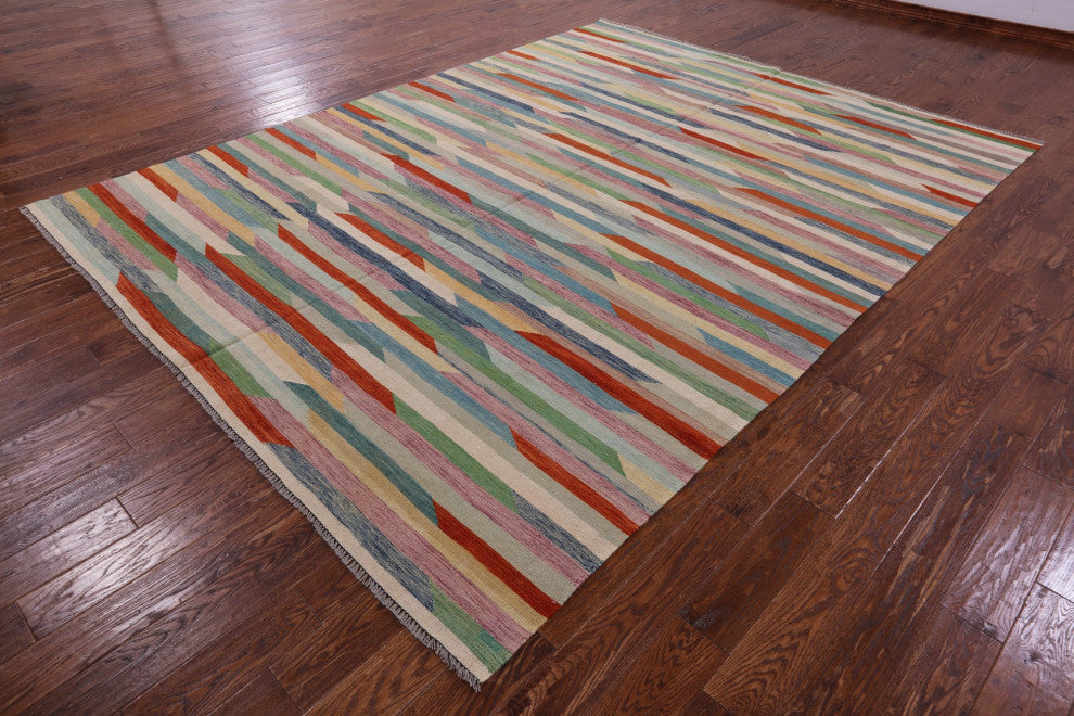 8' 7" X 11' 3" Reversible Kilim Flat Weave Wool On Wool Rug - Q12592