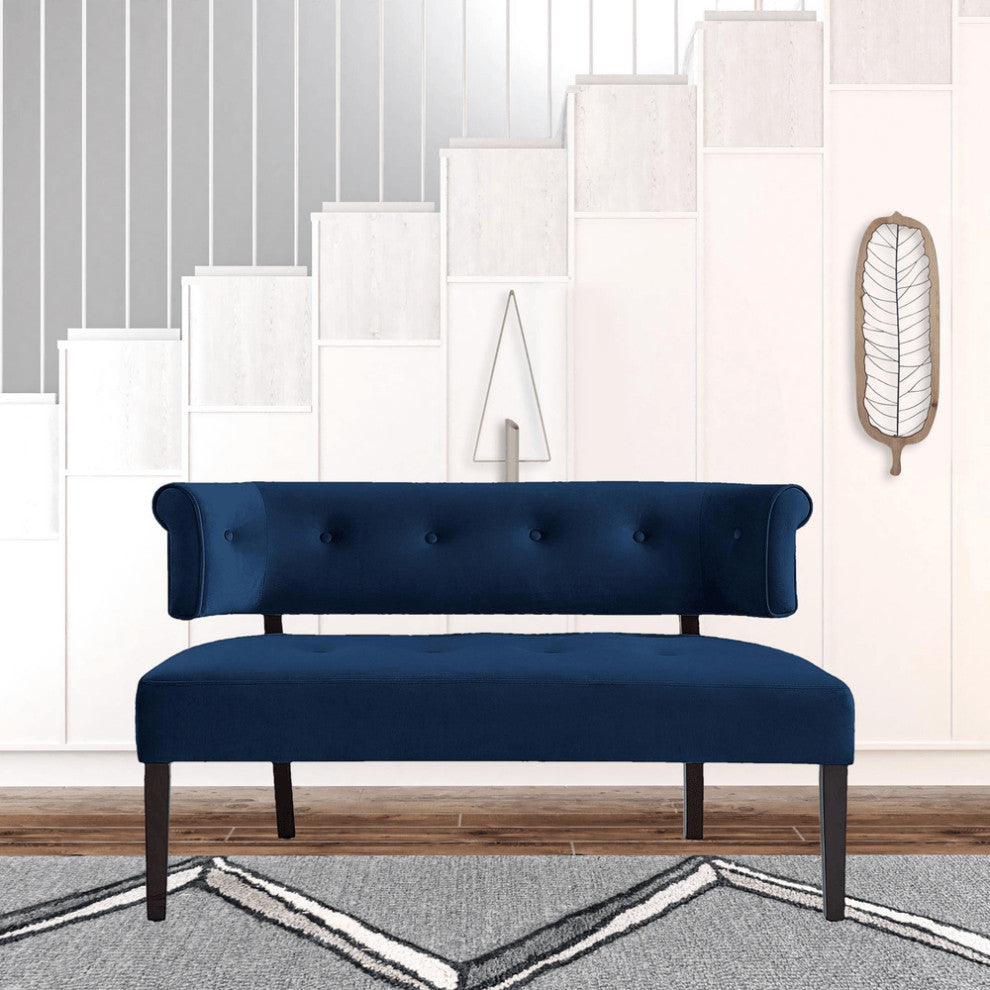 48" Navy Blue And Black Upholstered Velvet Bench