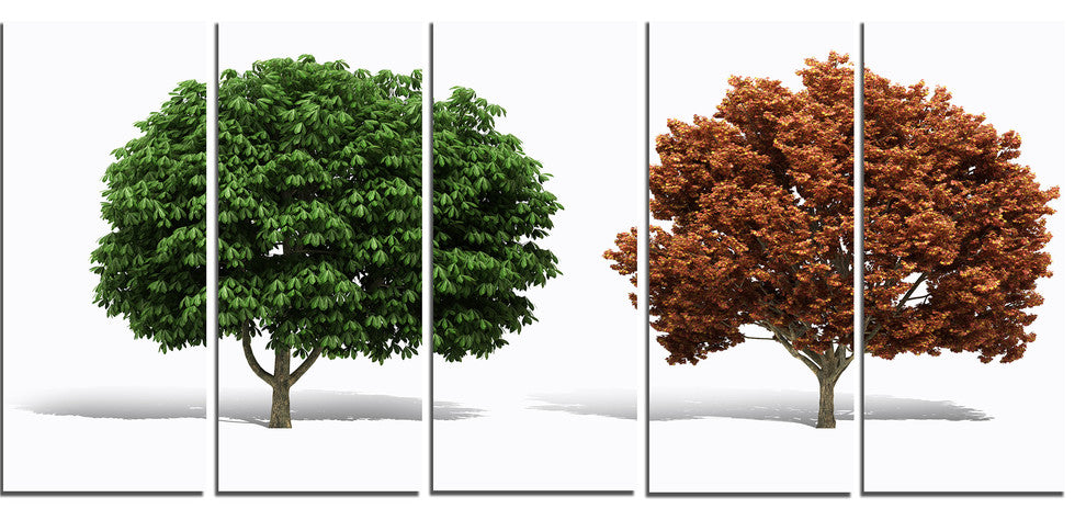 Green and Red 3D Fractal Trees, Abstract Wall Art Canvas, 60"x28", 5 Panels