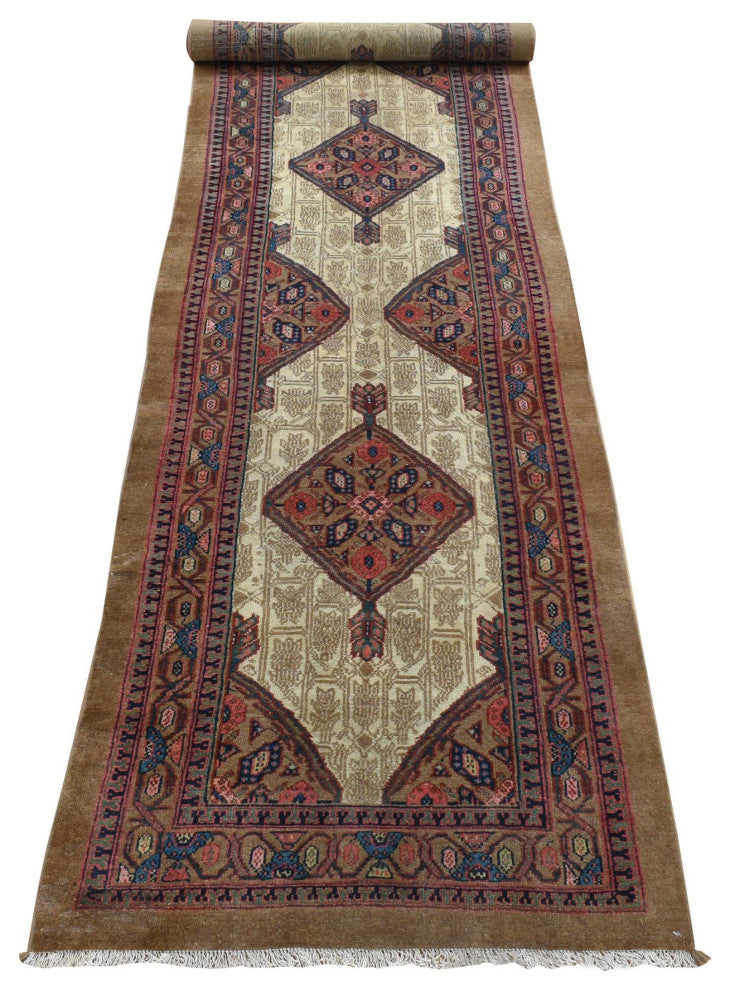 Taupe Brown, Antique Persian Pure Wool, Hand Knotted Runner Rug, 3'2"x14'10"