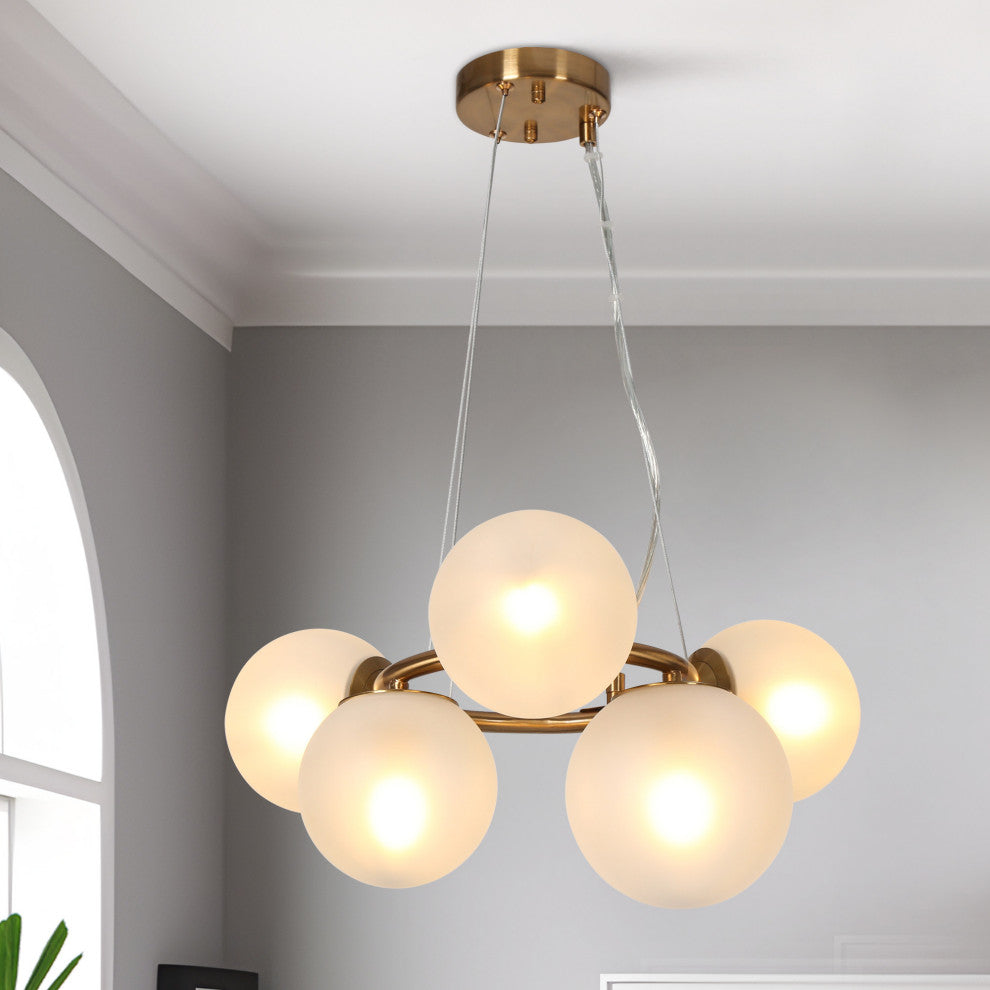 LNC 5-Light Polished Gold With Frosted Glass Globe Modern Chandelier