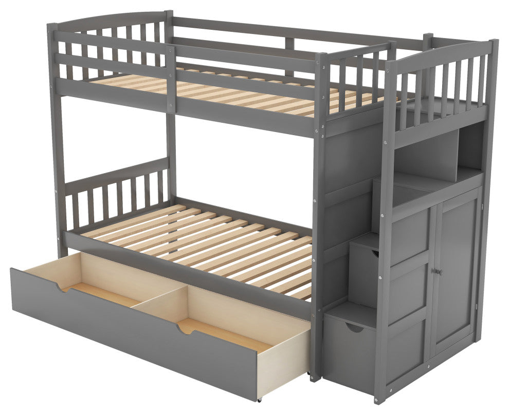 Twin over Full/Twin Bunk Bed, Convertible Bottom Bed, Storage Shelves, Gray
