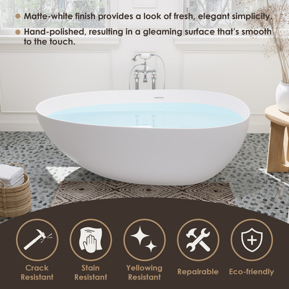 Giotto Flatbottom Freestanding Solid Surface Soaking Bathtub, Matte White, 59inch