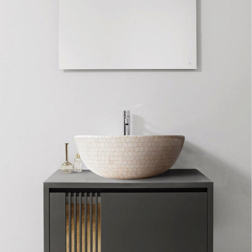 Botticino Marble Natural Stone Round Vessel Sink  (D)16" (H)6"