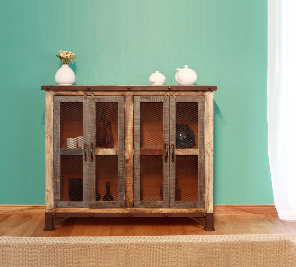 Bayshore Rustic Solid Pine Wood 4-Door Sideboard, Mesh Doors