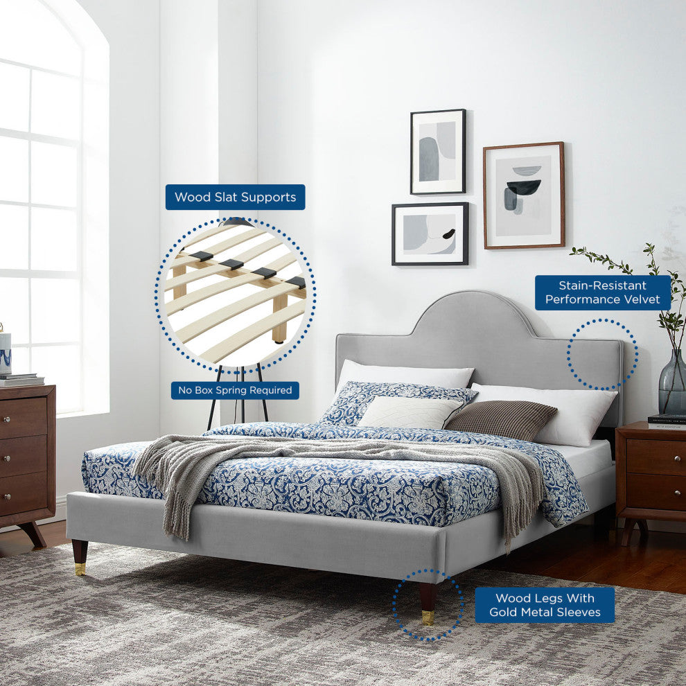 Platform Bed Frame, King Size, Gray, Velvet, Modern, Bedroom Guest Suite