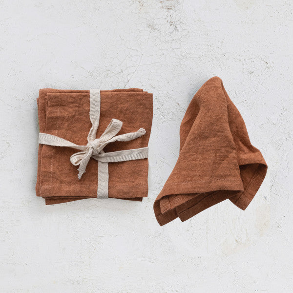 10" Square Stonewashed Linen Cocktail Napkins Olive, Set of 4, Rust