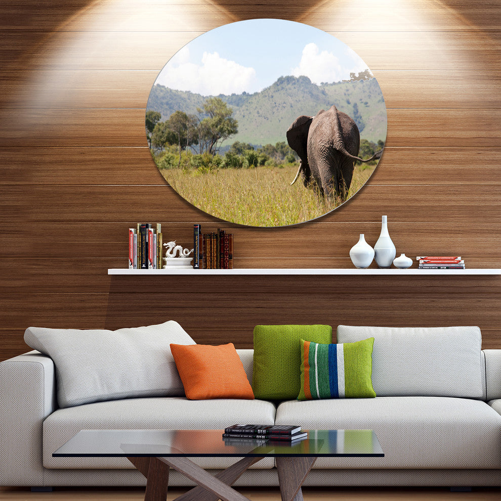 Retreating Elephant In Savannah, African Disc Metal Artwork, 11"