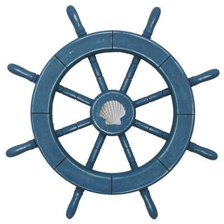 Rustic All Decorative Ship Wheel With Seashell, Light Blue, 18"