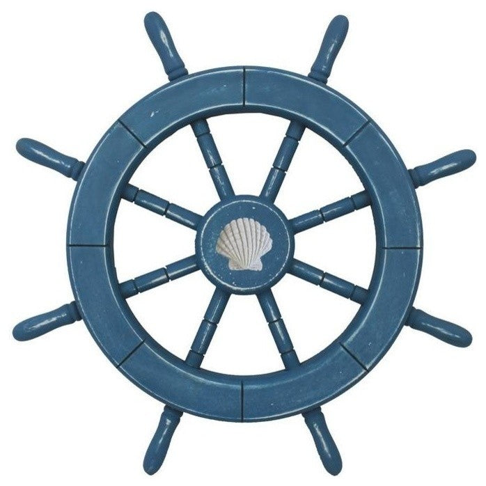Rustic All Decorative Ship Wheel With Seashell, Light Blue, 18"