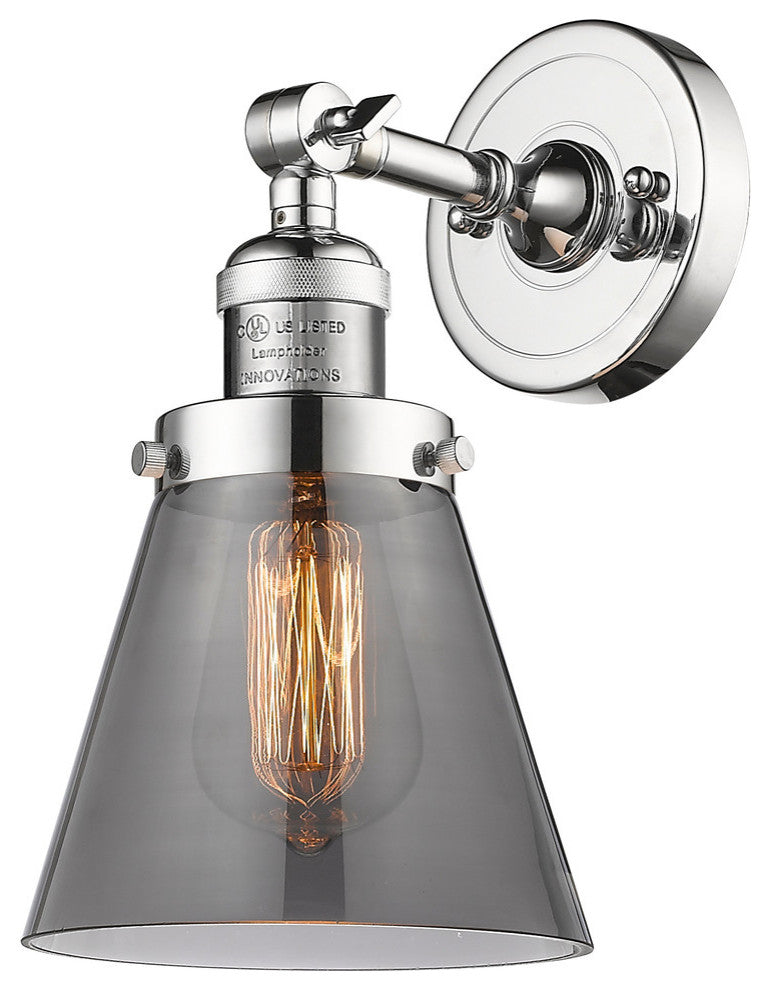 Small Cone 1-Light Sconce, Smoked Glass, Polished Chrome