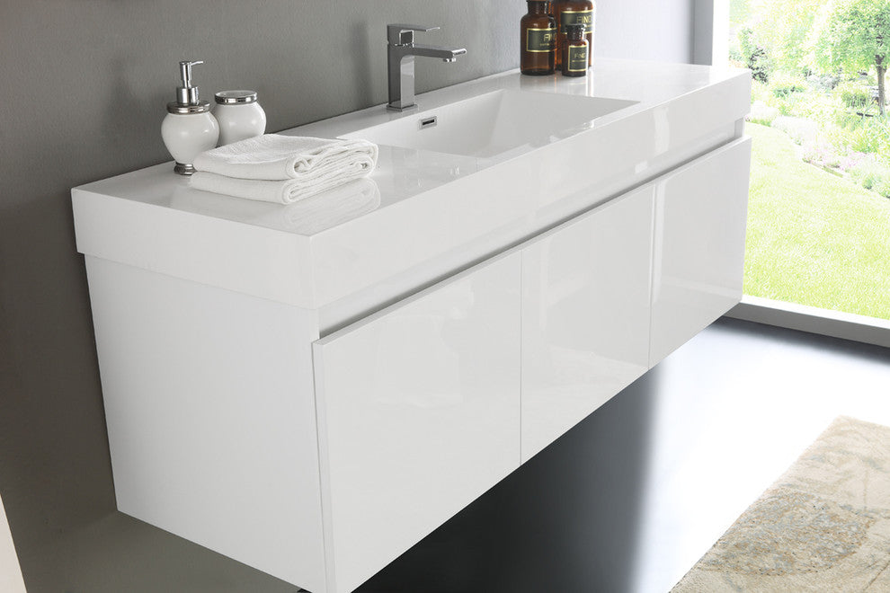 Mezzo 60" White Wall Hung Single Sink Modern Bathroom Vanity, FFT3071CH
