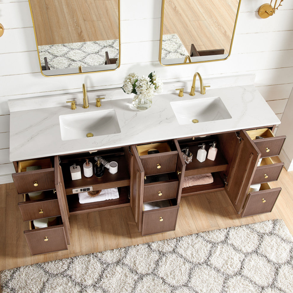 Oza Bath Vanity with Quartz Stone Top, Aged Dark Brown Oak, 84", Double Vanity, No Mirror