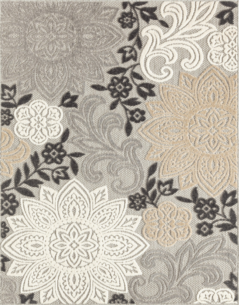 Omalley Modern Floral Area Rug, Beige & Gray, 7'11" X 10'3"