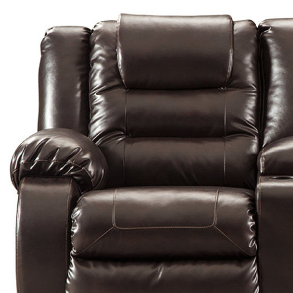 Benzara BM194828 Leatherette Metal Reclining Loveseat Lift Top Console, Brown