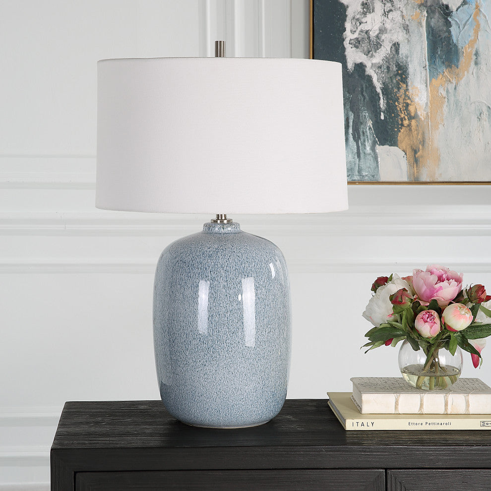 Mottled Sky Blue Cobalt Ceramic Table Lamp 27 in Oval Egg Shape Soft Elegant