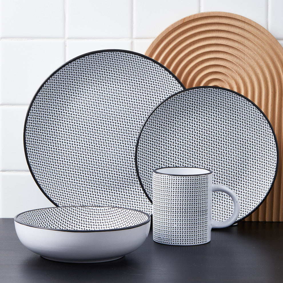 Stone Lain Daisy Stoneware 32 Piece Dinnerware Set, White and Black