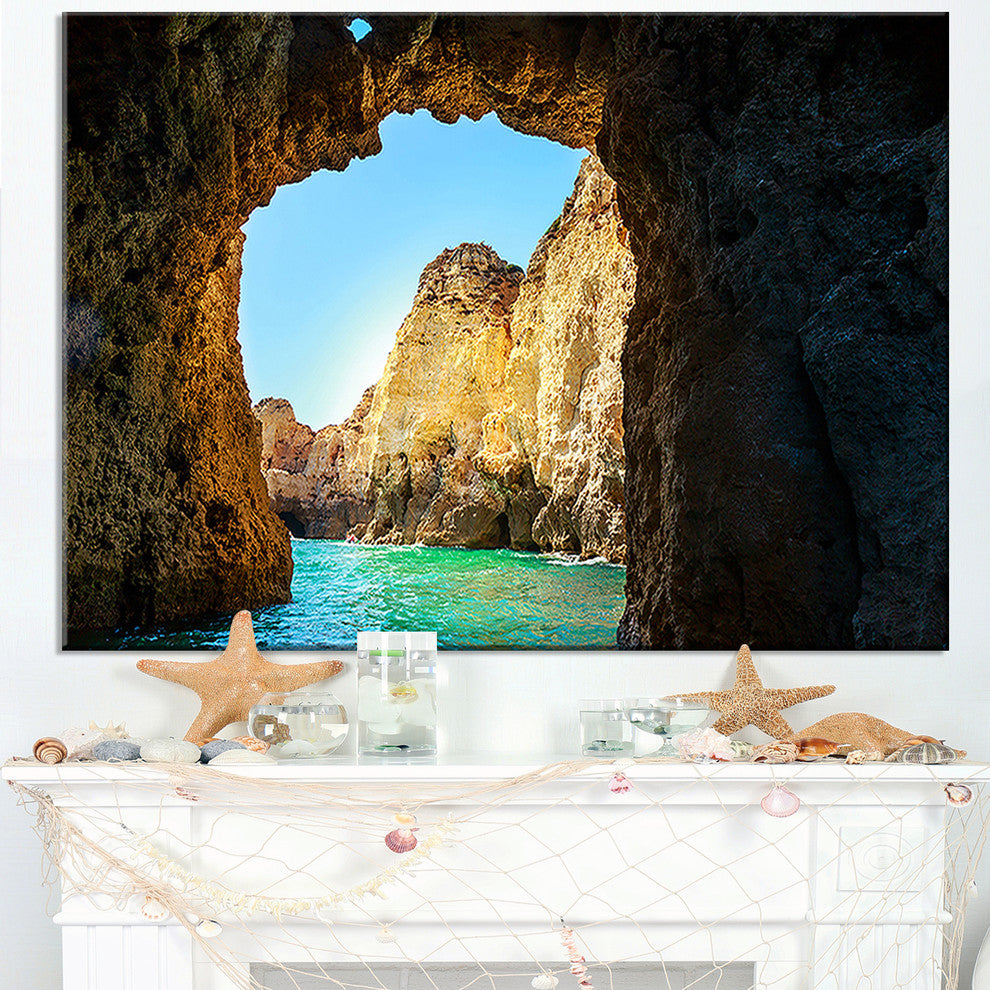 "Sea Through Rocky Cave Portugal" Seashore Wall Art, 60"x28", 1 Panel