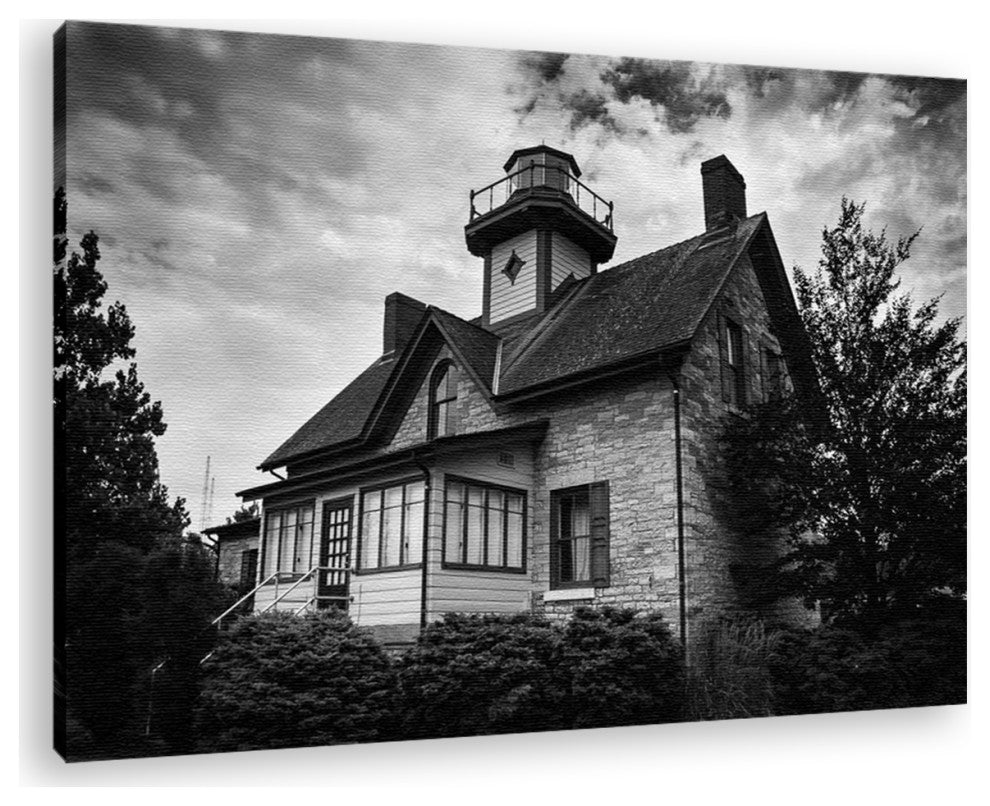 Cedar Point Lighthouse in Black & White Canvas Wall Art Prints, 16" X 20"