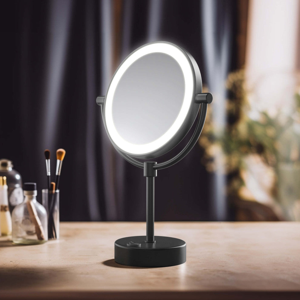 Circular LED Free Standing Magnifying Make Up Mirror, Matte Black