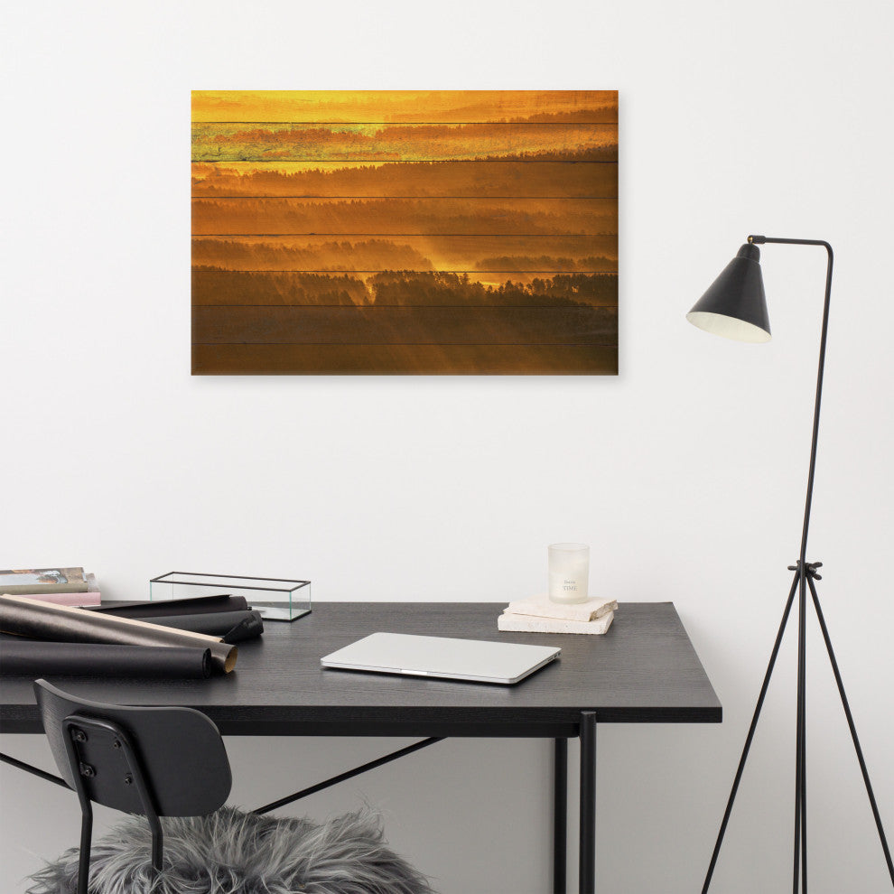 Faux Wood Golden Mist Valley - Hills & Mountain Range Canvas Prints, 24" X 36"