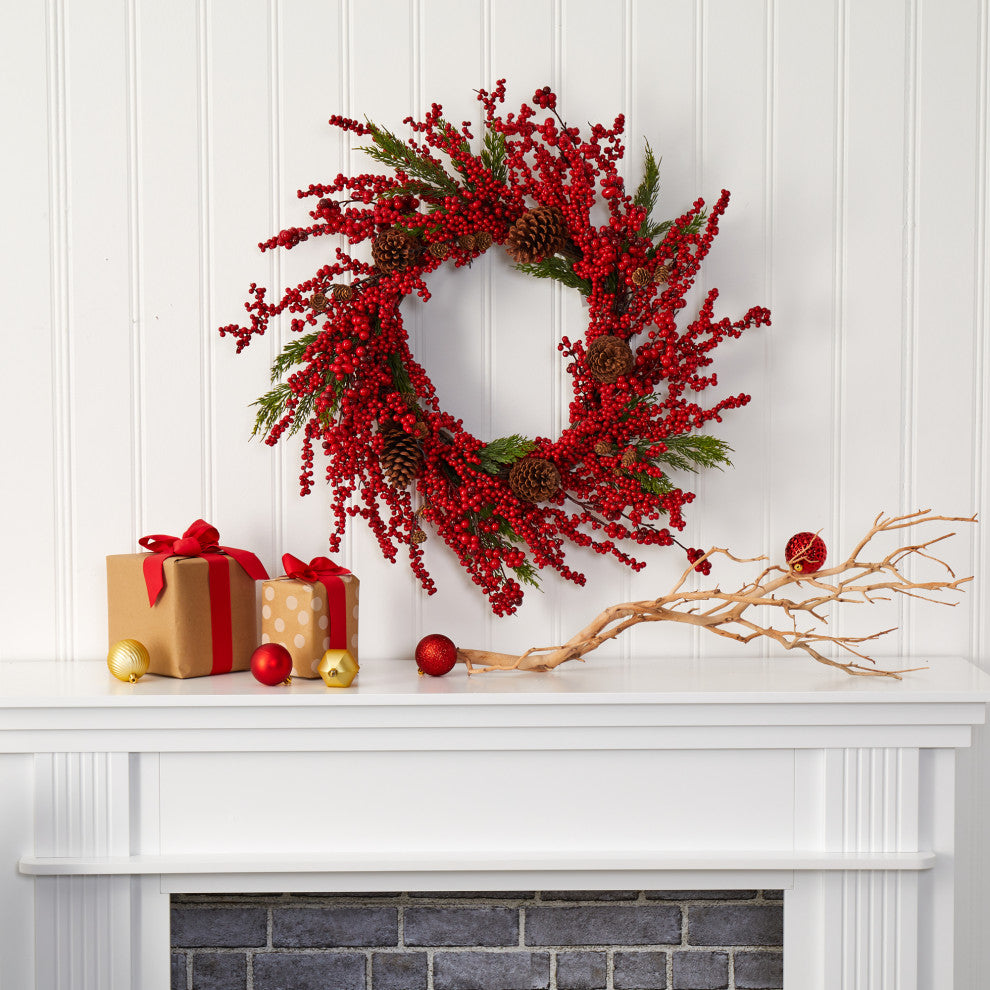 Nearly Natural 28ï¿½ Cypress Artificial Wreath with Berries and Pine Cones