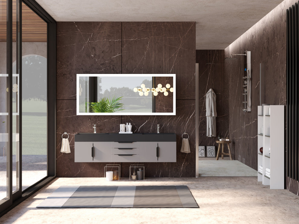 CastelloUSA Amazon 72" Wall Mounted Vanity Set, Gray, Black Top, Black Handles