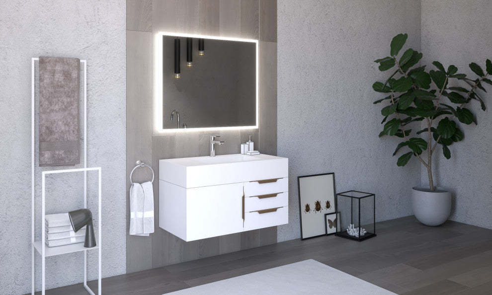 CastelloUSA Nile 36" Wall Mounted Vanity Set, White, White Top, Gold Handles