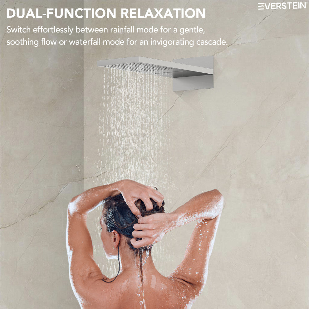Dual-Function Waterfall & Rainfall Shower Faucet Set With Rough-In Valve, Brushed Nickel