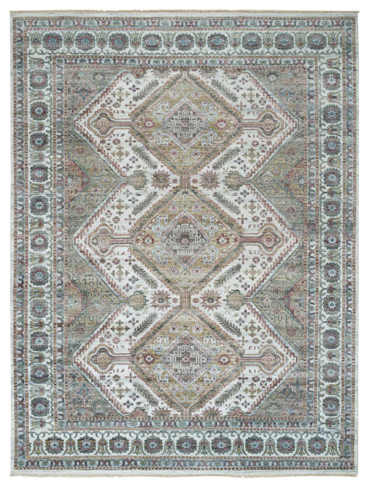 Vista White Unique Flower Rosettes Border Hand Knotted Oriental Rug 8'10"x11'10"