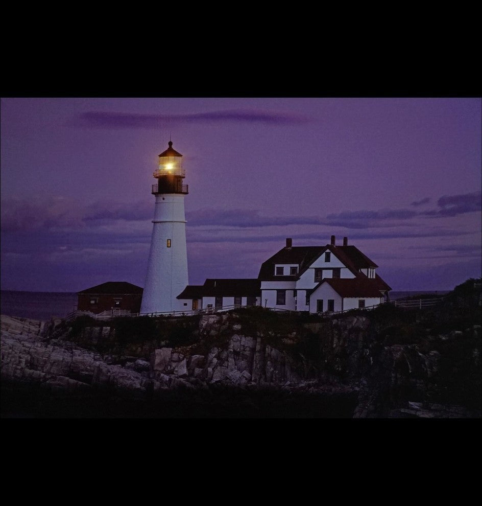 "Coastal Lighthouse Home With Purple Sunset" Canvas Wall Art