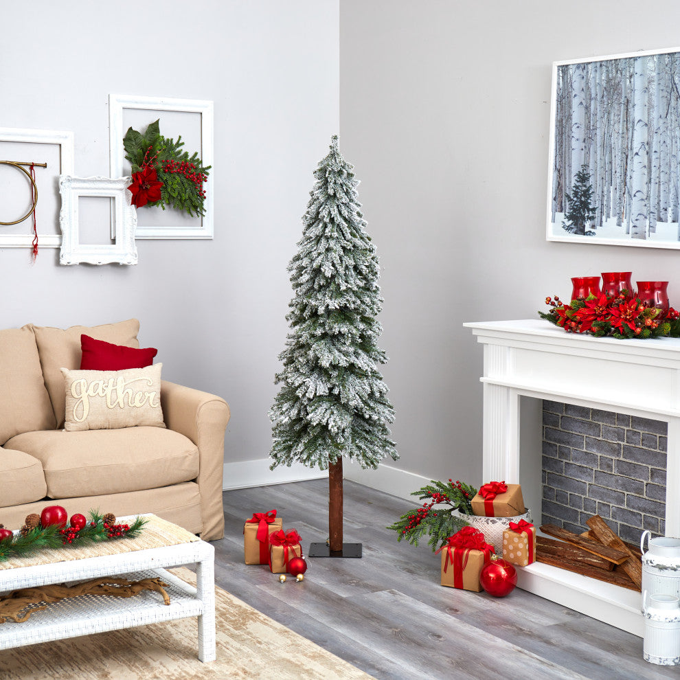 6' Flocked Grand Alpine Faux Xmas Tree W/Lights & Natural Trunk