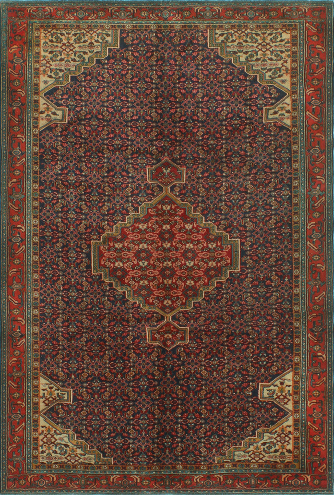 Fine Vintage Distressed Kokayi Navy/Rust Rug, 6'4x9'7