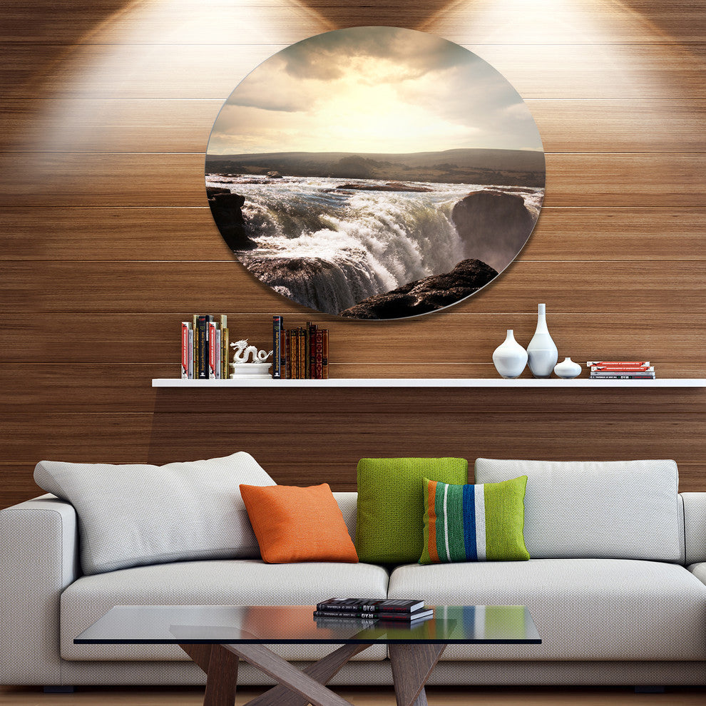 Dramatic Waterfalls In Iceland, Landscape Large Disc Metal Artwork, 23"