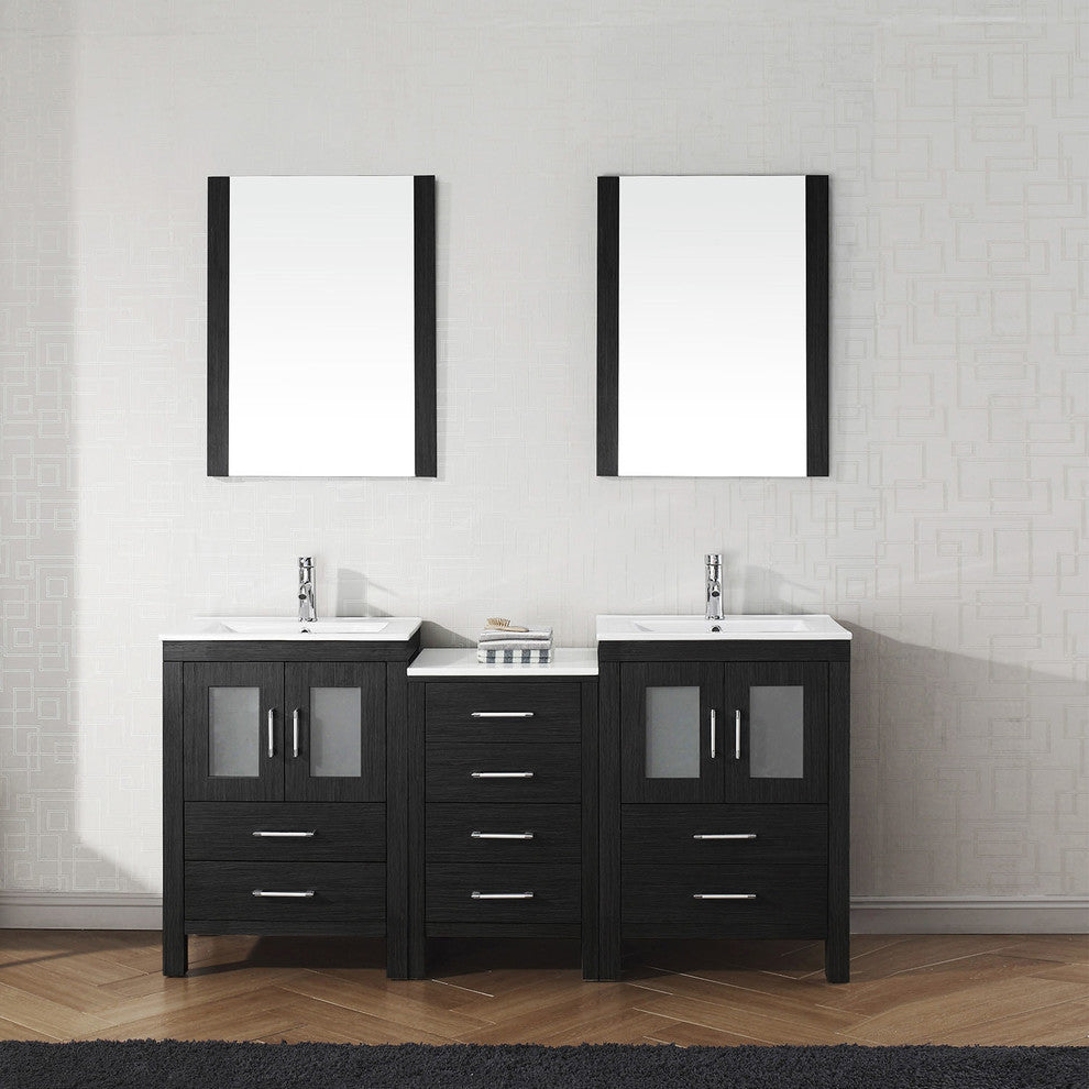 Virtu Dior 74" Double Bathroom Vanity, Zebra Gray, Faucet, Mirrors