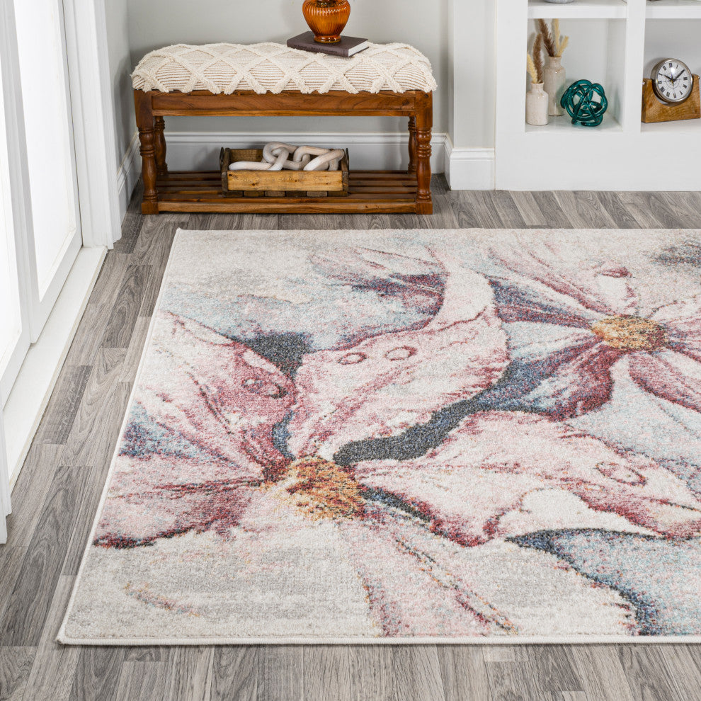 Pastello Modern Abstract Muted Flowers Area Rug, Pink/Gray, 3x5