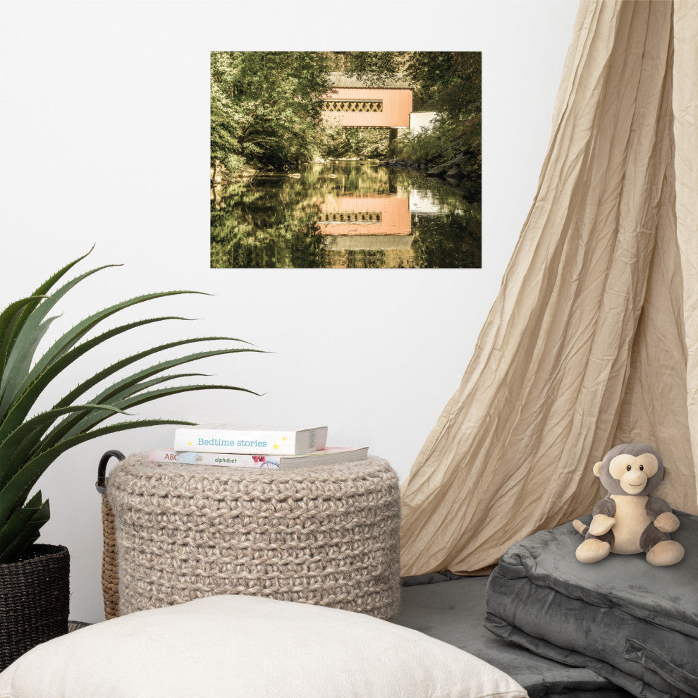 The Reflection of Wooddale Covered Bridge Aged Unframed Wall Art Print, 16" X 20"