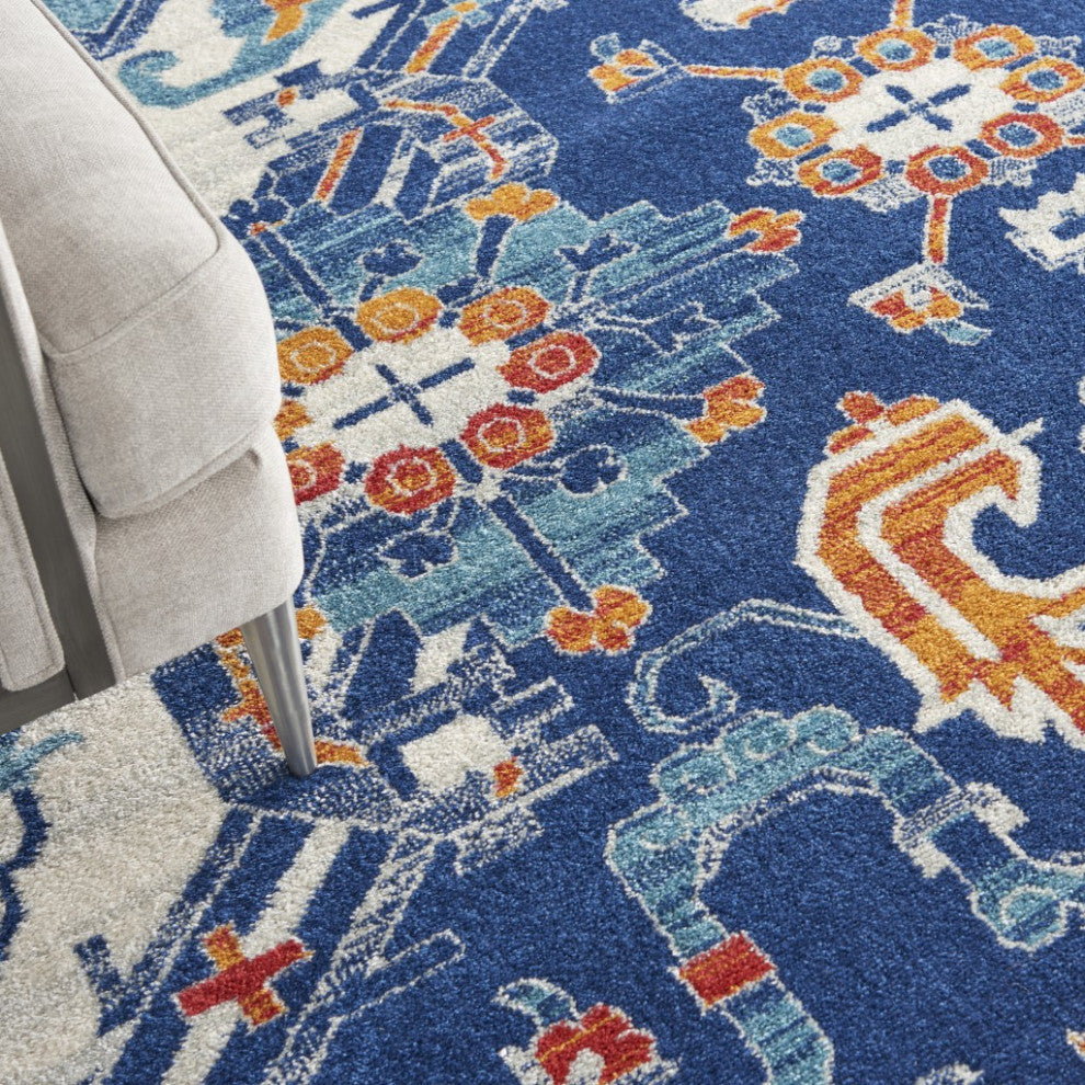 8' X 10' Blue And Ivory Floral Power Loom Area Rug