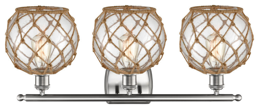 Farmhouse 3-Light Bath Vanity-Light, Brushed Satin, Clear Glass With Brown Rope