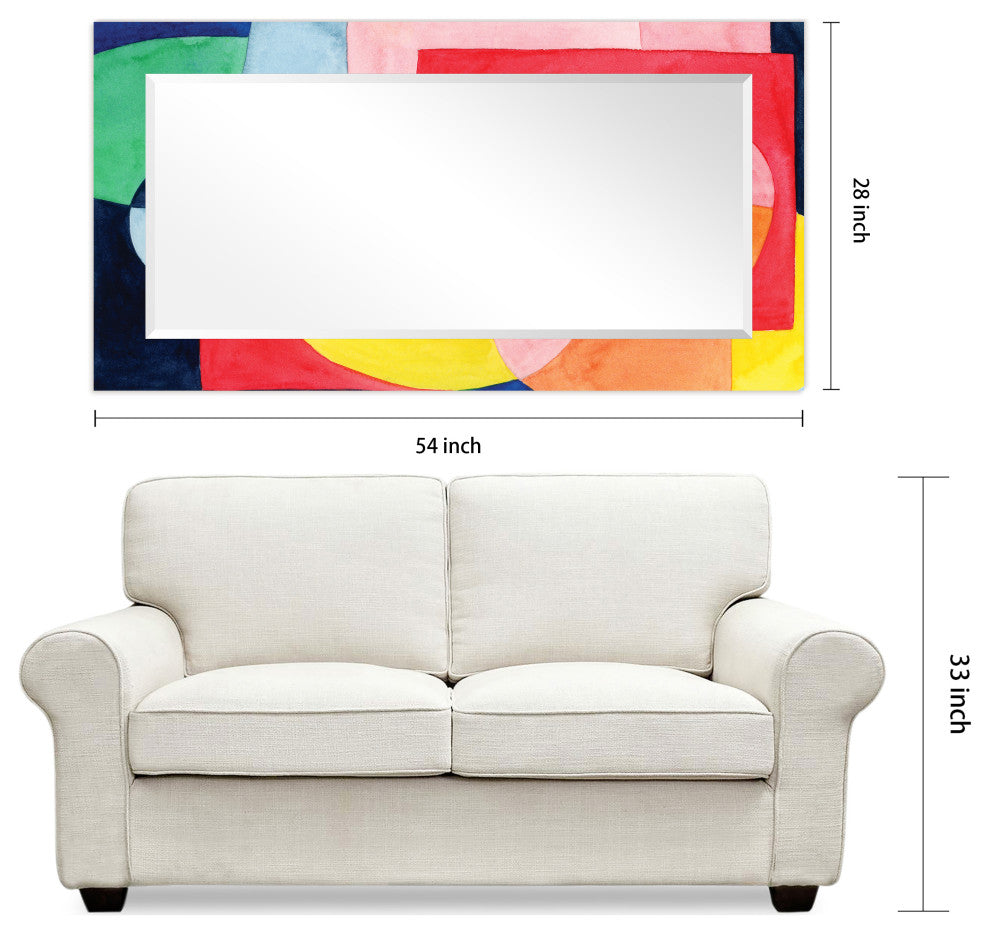 "Launder" Beveled Mirror on Printed Abstarct Tempered Art Glass, 54x28"