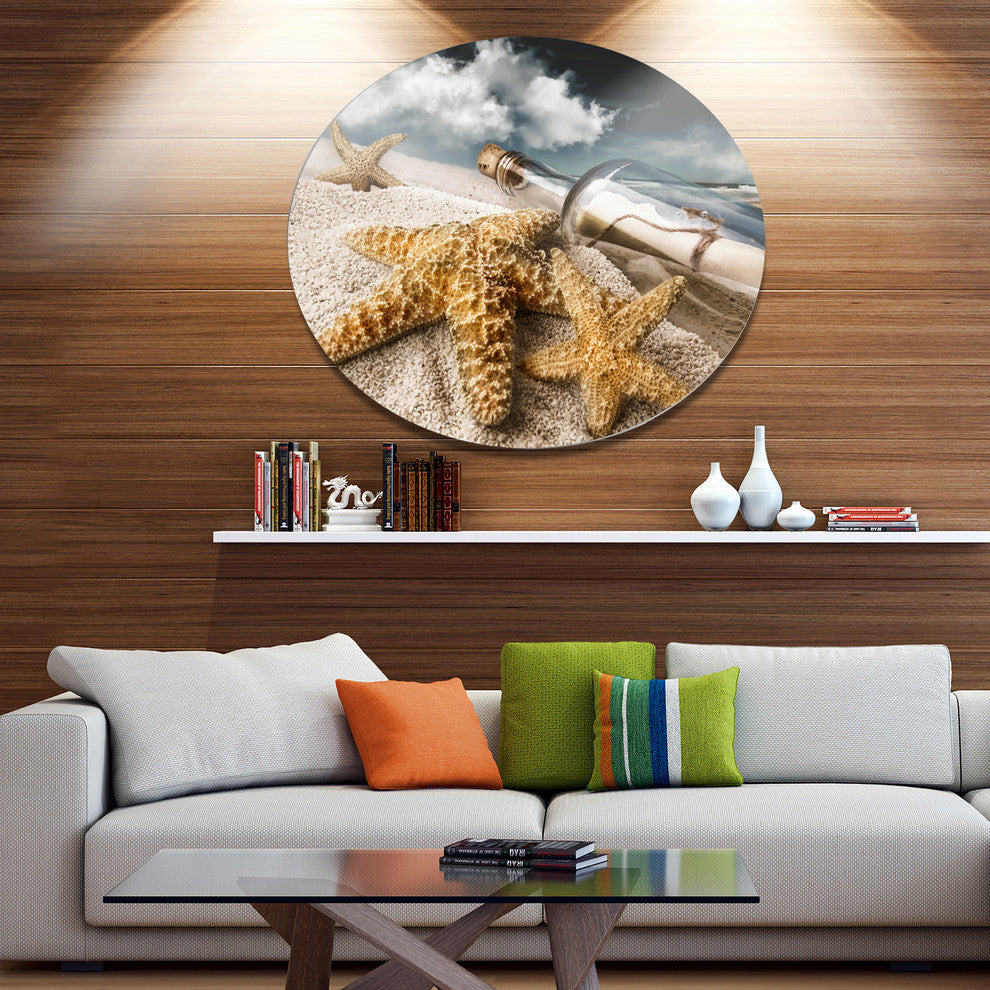 Message Bottle Buried In Sand, Seashore Round Wall Art, 11"