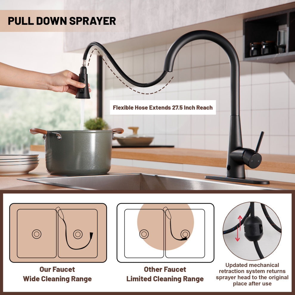 Single Handle Pull Down Sprayer Kitchen Faucet with Touchless Sensor, Matte Black
